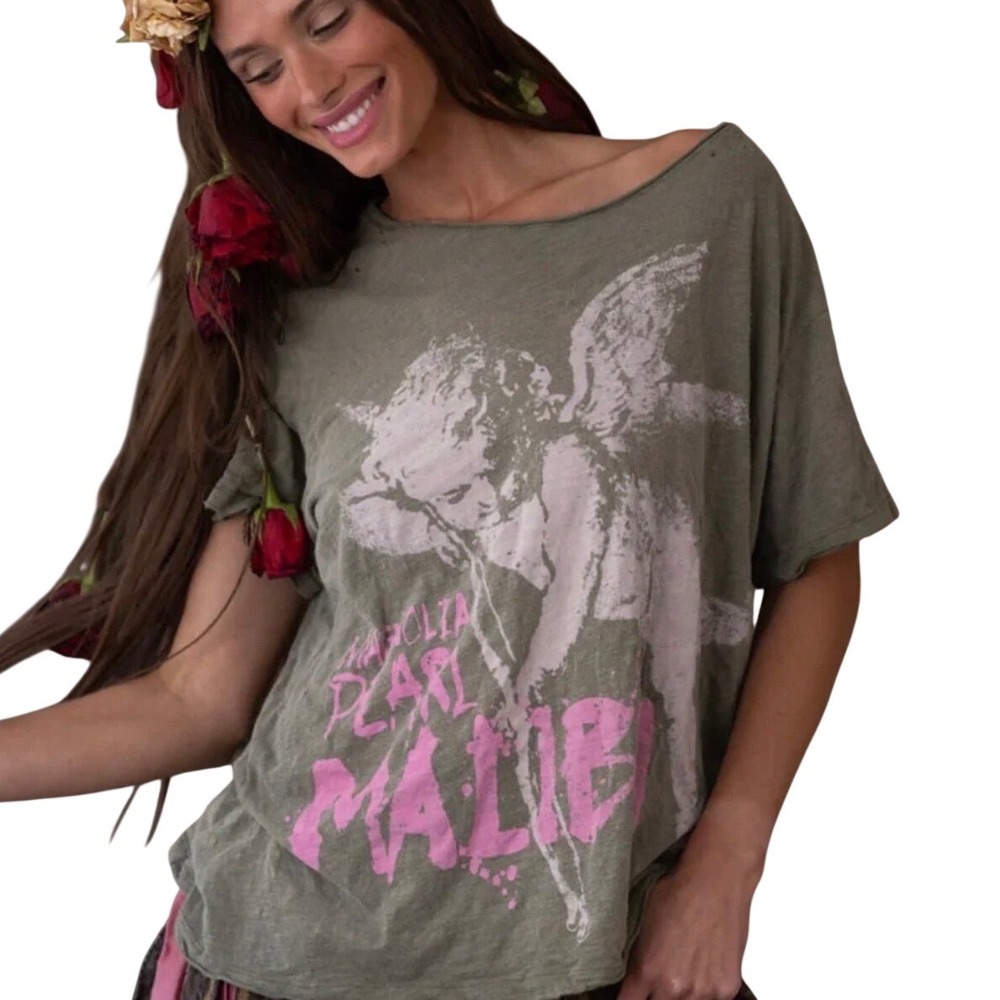 Magnolia Pearl Malibu Cherub Tee Shirt Short Sleeve Gray Top 2196‎ Algae